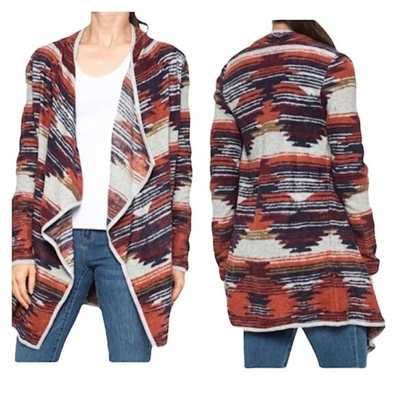 Lucky Brand Aztec Drape Waterfall Hem Open Front Cardigan Size S EUC - Picture 1 of 11